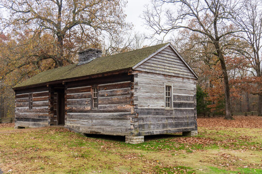 Log cabin marks the site of Grinder’s Stand where Meriwether Lewis died while traveling on the Natchez Trace. 