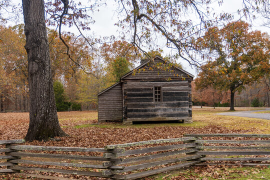 Log cabin marks the site of Grinder’s Stand where Meriwether Lewis died while traveling on the Natchez Trace. 
