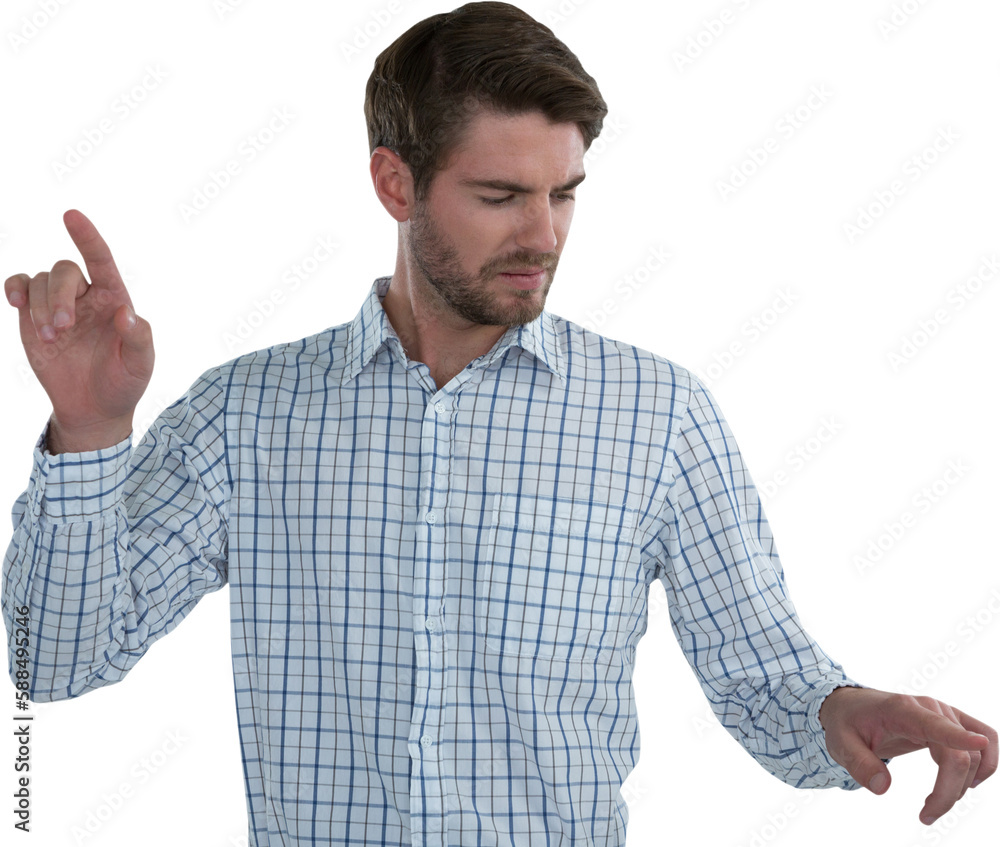 Poster man pretending to touch an invisible screen