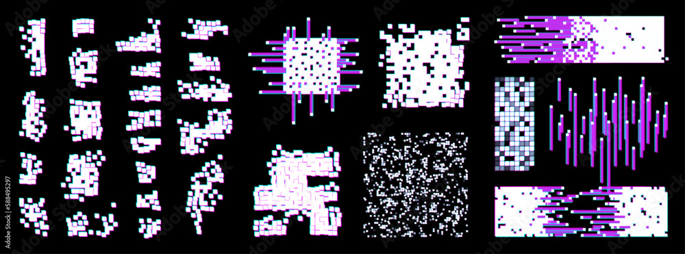 Poster scattered white noise texture set, pixel separation. glitch elements, broken pixel collection, retro
