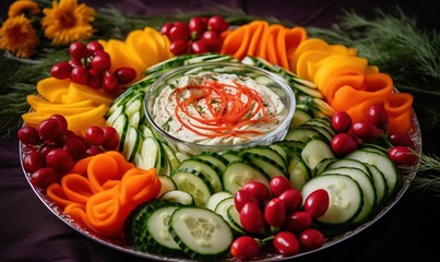  a platter with cucumbers, carrots, and a dip.  generative ai