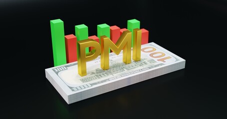 Purchasing managers indexes PMI a sign on a stack of dollar bills and a graph of growth and fall, 3D rendering