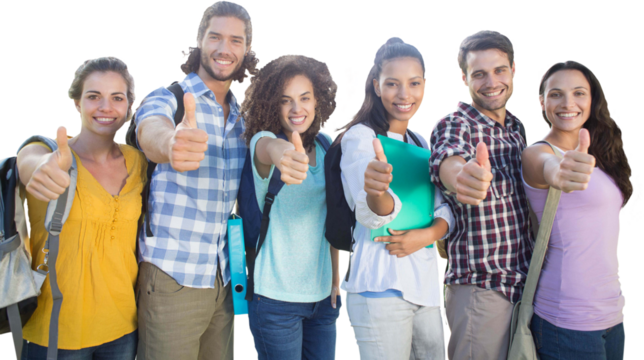 Smiling students showing thumbs up