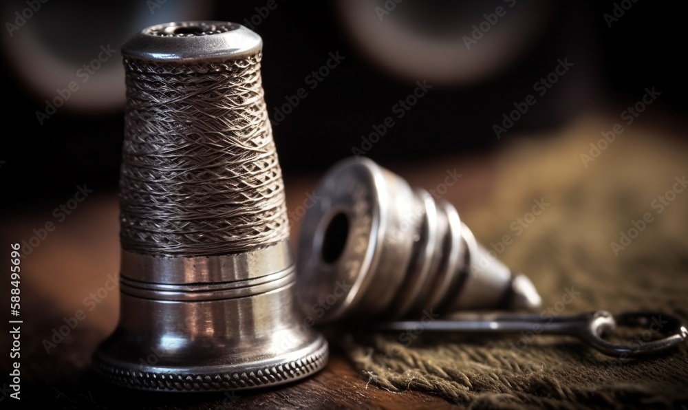 Poster  a silver thimble sitting on top of a table next to a pair of scissors.  generative ai