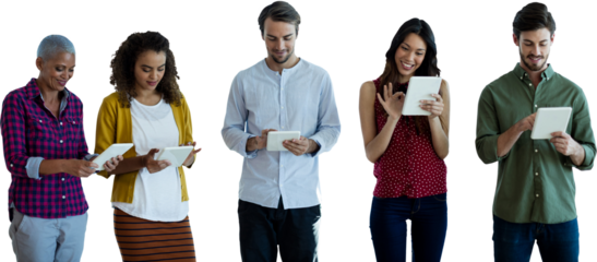 Business people using tablet against white background