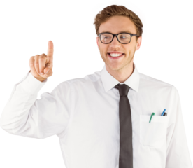 Geeky businessman smiling and pointing