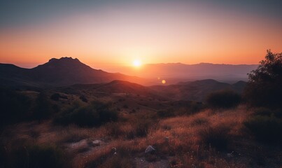 Obraz premium the sun is setting over the mountains in the desert area. generative ai
