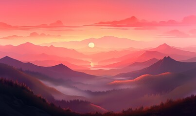  a painting of a sunset over mountains with a pink sky.  generative ai