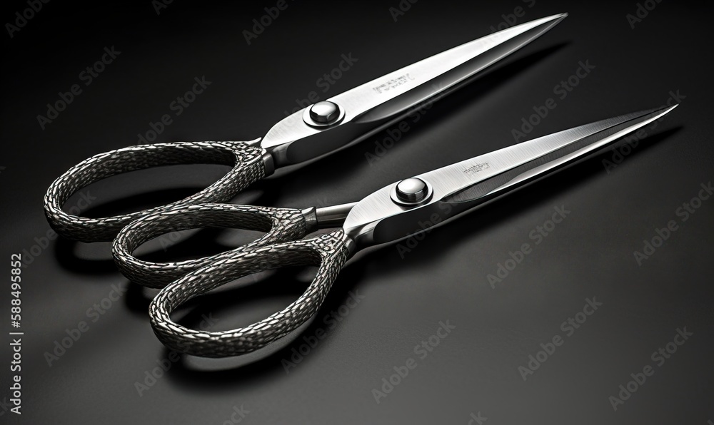 Poster a pair of scissors sitting on top of a black table. generative ai