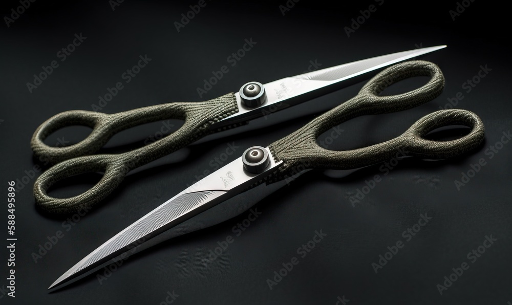 Poster a pair of scissors sitting on top of a black table. generative ai