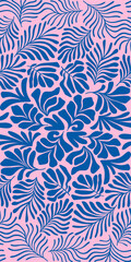 Pink blue abstract background with tropical palm leaves in Matisse style. Vector seamless pattern with Scandinavian cut out elements.