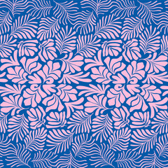 Pink blue abstract background with tropical palm leaves in Matisse style. Vector seamless pattern with Scandinavian cut out elements.