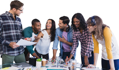 Smiling business people working at table