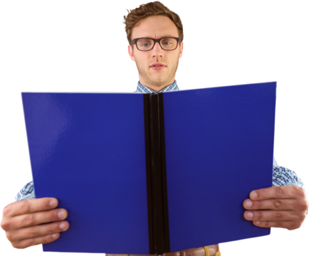 Geeky student reading a book