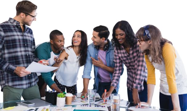Smiling business people working at table - Powered by Adobe
