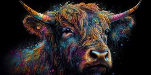 Highland cow in vibrant neon colors and flower petals isolated on black with a retro style,  Created using generative AI tools. - obrazy, fototapety, plakaty
