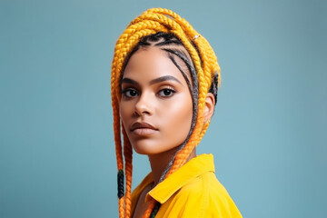 Pretty young afro-american woman with braids on the bright studio background. Generative AI - obrazy, fototapety, plakaty