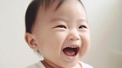 Cute sweet little asian baby laughing. Generative AI