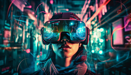 Fototapeta premium Young adults in futuristic virtual reality goggles generated by AI
