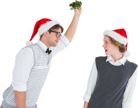 Geeky hipster holding mistletoe 