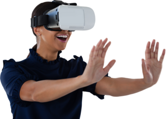 Woman gesturing while using virtual reality headset