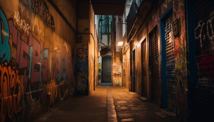 Dark old architecture, dirty narrow street illuminated spooky lantern generated by AI - obrazy, fototapety, plakaty