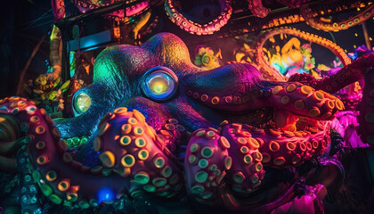 Multi-colored octopus illuminates underwater reef at night generated by AI
