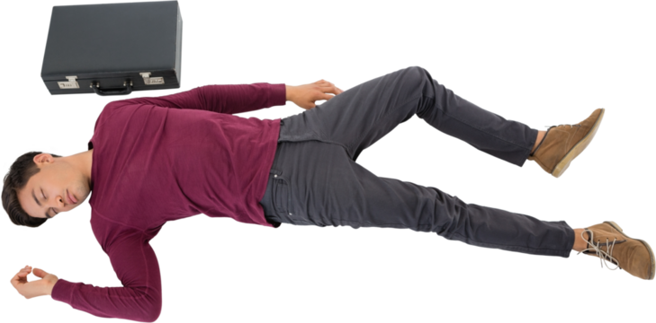 High angle view of businessman sleeping by briefcase