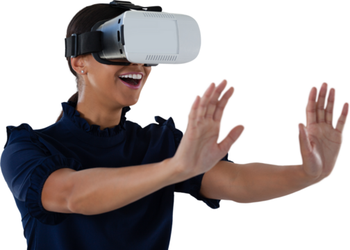 Woman gesturing while using virtual reality headset