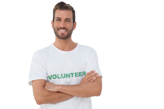 Portrait of a happy male volunteer with hands crossed