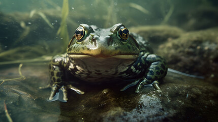 Fototapeta na wymiar Bullfrog in fresh water. Generative AI