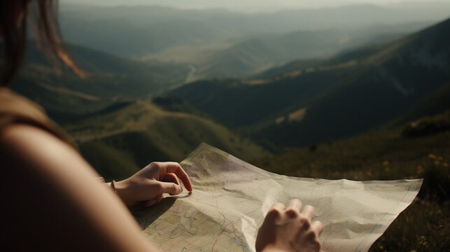 Hand of woman looking on map to check her position with a background picture of hills and mountains