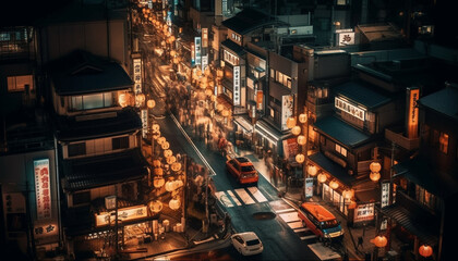 Urban skyline illuminated by streetlights and traffic generated by AI
