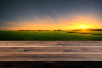A wooden table top planks product display with a blurred background scene of farmland at sunset.