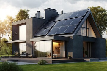 house with many photovoltaic panels on the roof. ai generative