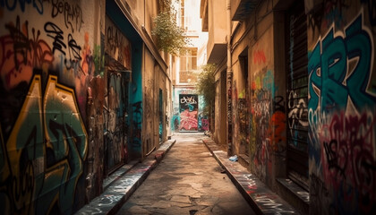 Fototapeta premium City life illuminated by multi-colored graffiti art generated by AI