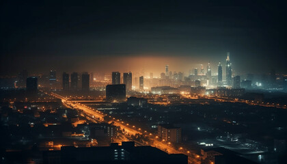 Glowing city skyline illuminates night in modern metropolis generated by AI