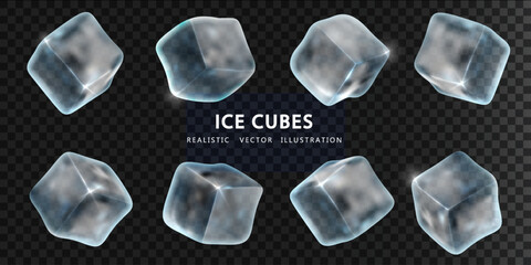 Ttranslucent ice cubes of irregular shape isolated on dark background. Realistic vector elements for summer design alcohol and beverage for cooling.