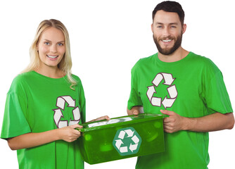 Portrait of smiling volunteers carrying recycling container 