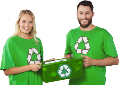 Portrait of smiling volunteers carrying recycling container