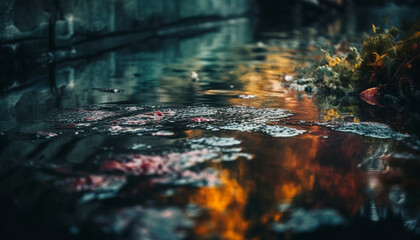 Reflection of tree on pond, tranquil autumn scene generated by AI