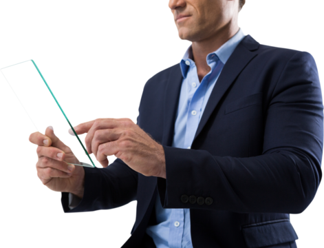 Mid section of businessman using glass digital tablet