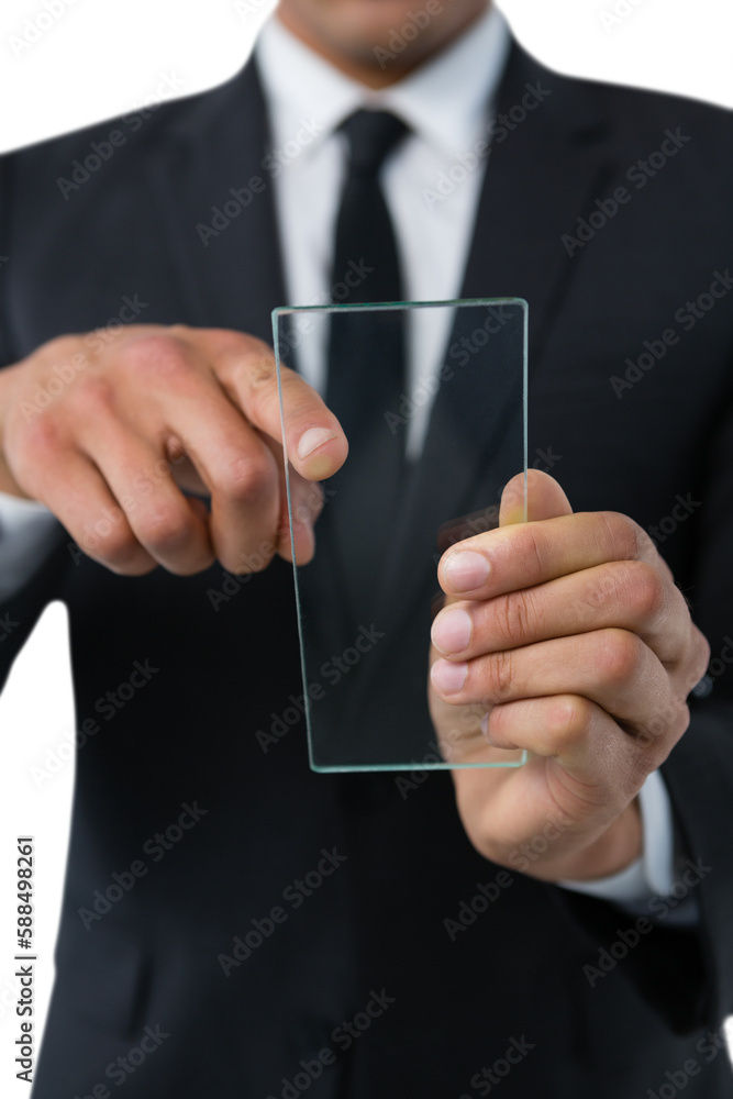 Poster mid section of businessman using transparent interface