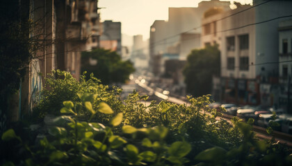 Fototapeta na wymiar City life at dusk Skyscrapers blur by car generated by AI
