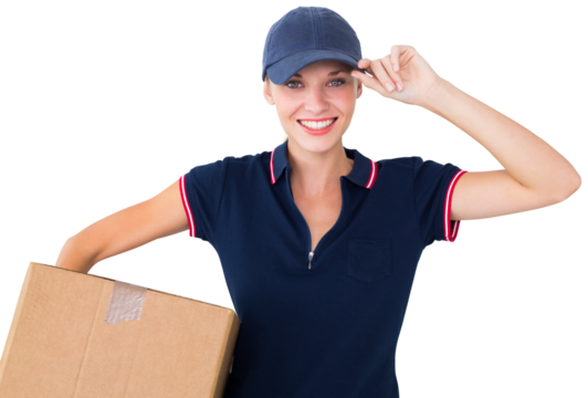 Happy delivery woman holding cardboard box 