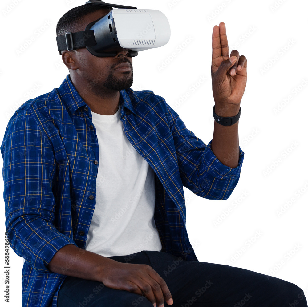 Poster man gesturing while using virtual reality headset