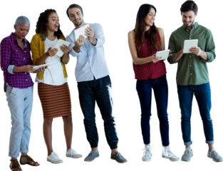 Business people discussing over tablet against white background