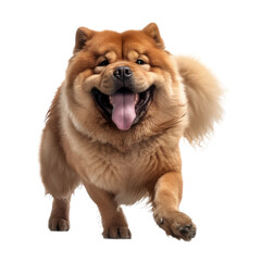 Fototapeta premium Happy Chow Chow dog jumping, isolated transparent background. Generative AI