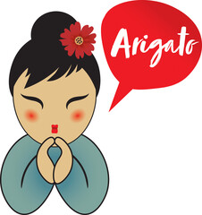 Cartoon japanese woman greeting with arigato text icon