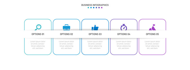 Timeline infographic with infochart. Modern presentation template with 5 spets for business process. Website template on white background for concept modern design. Horizontal layout.